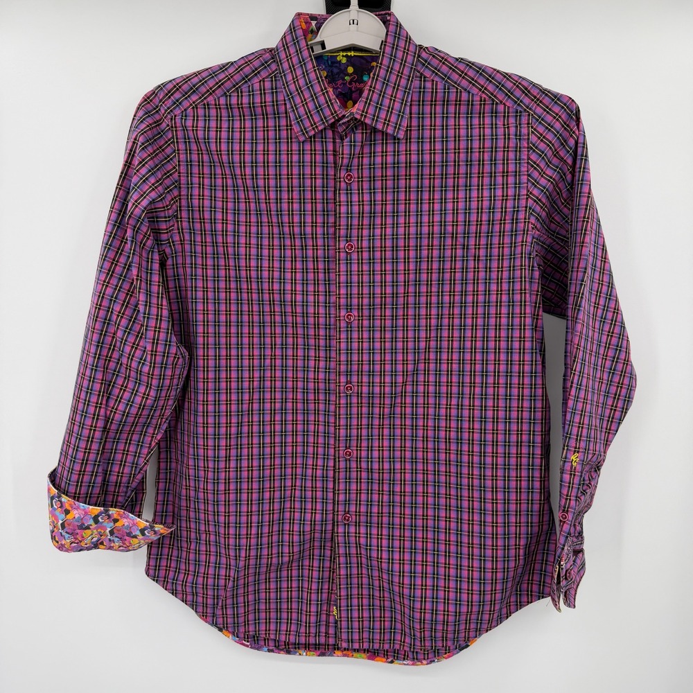 Robert Graham Mens Purple Pink Plaid Gold Metallic Button Down Shirt M